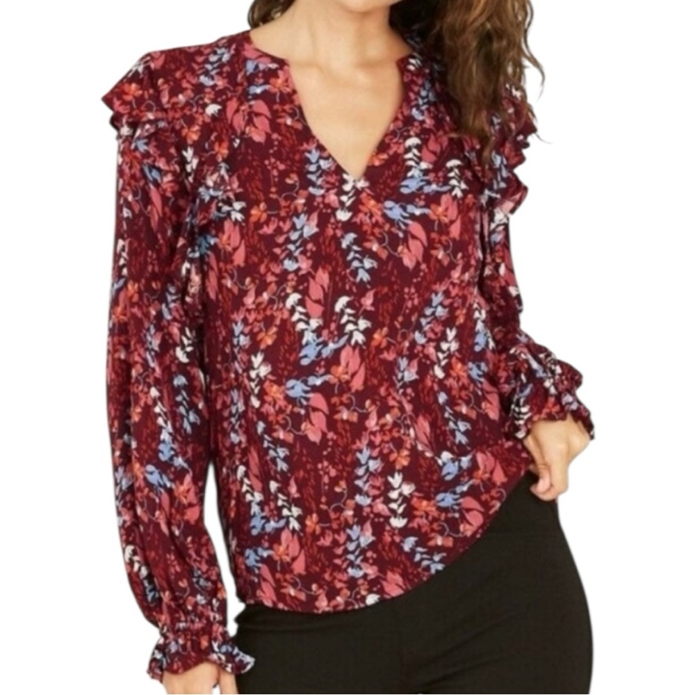 💟 2/$20 NWT A New Day Deep Red Floral Long Sleeve Ruffle Blouse XXL